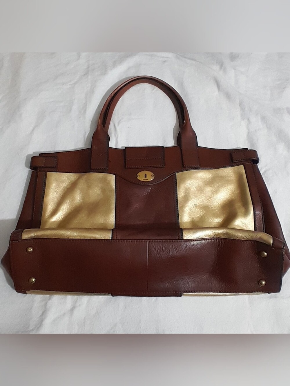 Fossil Brown and Gold Leather Tote